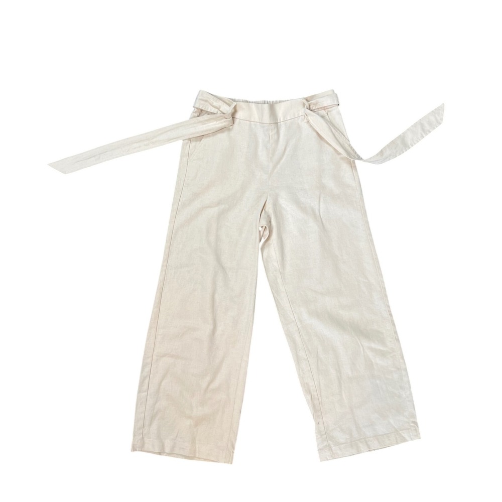 J.Crew Womens Linen Cotton Wide Leg Crop Pants Beige Tie Waist Pull OnSize 6‎